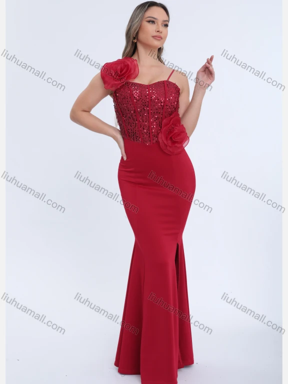 Wholesale Women's Spaghetti Straps Plain Mermaid Floor Length Evening Dress With 3D Floral Design
