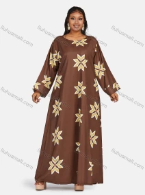 Wholesale Women's Vintage Plus Size Crew Neck Long Sleeve Geometric Print Maxi Dress, LIUHUA CLOTHING WHOLESALE