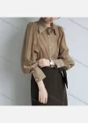 Wholesale Women's Elegant Collared Batwing Sleeve Button Down Ruched Plain Shirts 645719# - Liuhuamall
