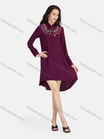 Wholesale Women's Casual Tie Neck Tassel Vintage Embroidery Long Sleeve High Low Hem Short Dress, LIUHUA CLOTHING WHOLESALE
