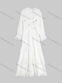 Wholesale Women's Casual Mesh Ruffle Neck Poet Sleeve Floral Embroidered Layered Hem Maxi Dress, LIUHUA CLOTHING WHOLESALE