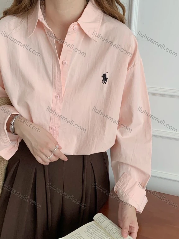 Wholesale French Pony Embroidered Blue Shirt Women Long Sleeve Loose Designer Blouse