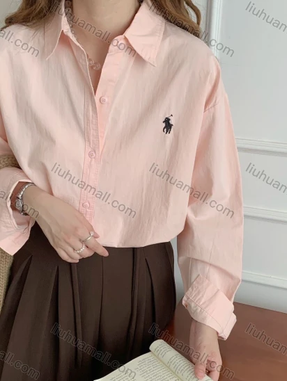 Wholesale Women's Blue Long Sleeve Shirt, French Pony Embroidery, Korean Style Loose Blouse, Unique Designer Top