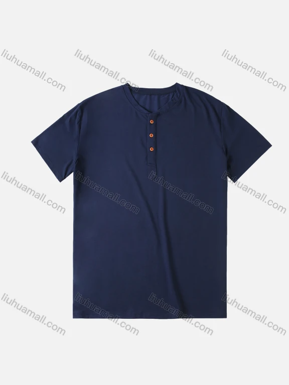 Wholesale Men's Plain Round Neck Button Front Short Sleeve Henry Shirt