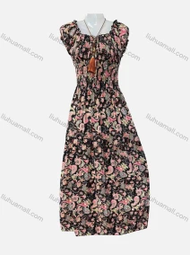 Wholesale Women's Allover Paisley Print Ruffle Trim Off Shoulder Puff Sleeve Shirred Maxi Dress Without Necklace 1653#, LIUHUA CLOTHING WHOLESALE