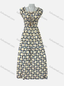 Wholesale Women's Allover Chain Print Ruffle Trim Off Shoulder Puff Sleeve Shirred Maxi Dress Without Necklace 1706#, LIUHUA CLOTHING WHOLESALE