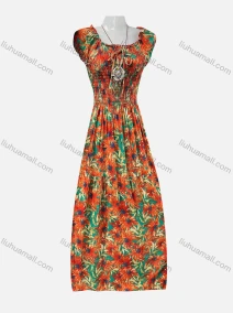 Wholesale Women's Floral Print Ruffle Trim Off Shoulder Puff Sleeve Shirred Maxi Dress Without Necklace 1721#, LIUHUA CLOTHING WHOLESALE