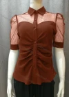 Wholesale Women's Casual Ruched Pin Dot Splicing Plain Collared Button Down Blouse FR2044# - Liuhuamall