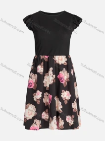 Wholesale Women's Casual Crew Neck Cap Sleeve High Waist Splicing Floral Dress, LIUHUA CLOTHING WHOLESALE