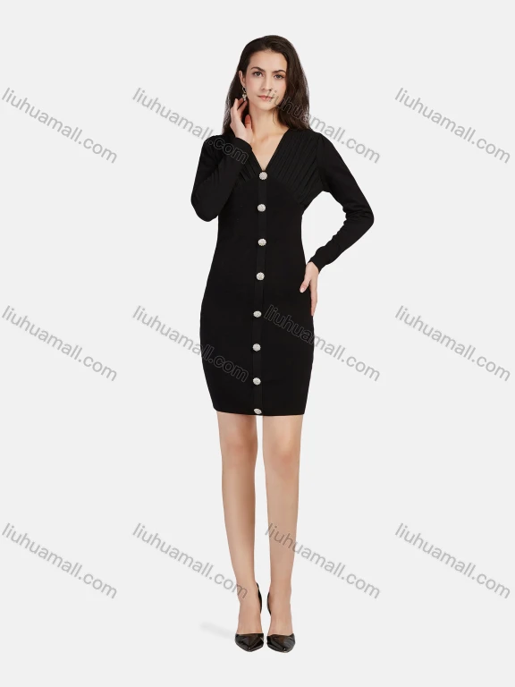 Wholesale Women's Casual V Neck Long Sleeve Ruched Button Decor Short Chiffon Dress 1205#