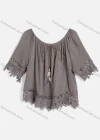 Wholesale Women's Casual Crew Neck Short Sleeve Lace Up Feather Decor Guipure Lace Crop Blouse 002# - Liuhuamall