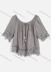 Wholesale Women's Casual Crew Neck Short Sleeve Lace Up Feather Decor Guipure Lace Crop Blouse 002# - Liuhuamall