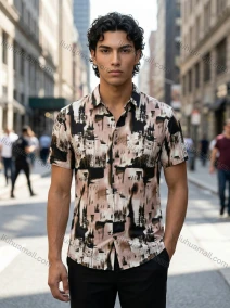 Wholesale Men's Slim Fit Abstract Print Short Sleeve Shirt | Wholesale Casual Shirt In Stock 2026, LIUHUA CLOTHING WHOLESALE
