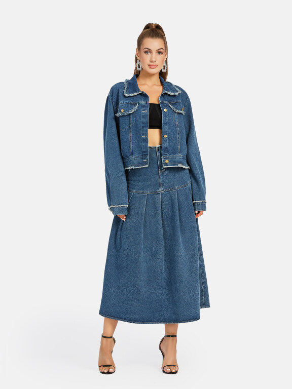 Women's Casual Frayed Raw Trim Plain Long Sleeve Button Down Denim Jackets & High Waist Midi Denim Skirts 2 Piece Set, Clothing Wholesale Market -LIUHUA, Denim