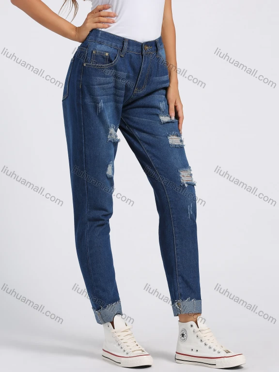 Wholesale Women's Fashion Ripped Distressed Pocket High Waist Slim Fit Jeans