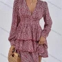 Wholesale Women's Casual Allover Print V Neck Layered Hem Long Sleeve Short Dress preview