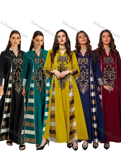 Wholesale Women's Muslim Long Sleeve Notched Collar Embroidered Sequin Splicing Striped Abaya Maxi Dress