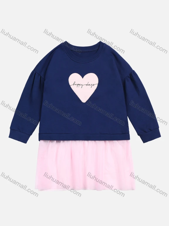 Wholesale Girls' Fall 100%Cotton Round Neck Long Sleeve Heart Print Splicing Lace Dress