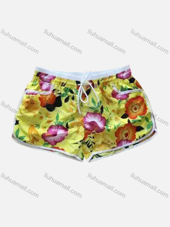 Wholesale Women's Vacation Contrast Floral Print Drawstring Beach Shorts