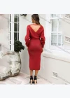 Wholesale Women's Fashion Plain Split Side Wrap Open Back Long Sleeve Knit Midi Dress With Belt - Liuhuamall