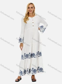 Wholesale Women's Casual Vintage Round-Neck Button Front Trumpet Sleeve Embroidery Maxi Dress, LIUHUA CLOTHING WHOLESALE