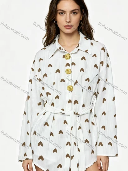 Wholesale Women Printed Long‑Sleeve Shirt With Belt & Metal Buttons