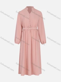 Wholesale Women's Casual Plain V Neck Button Front Ruffle Hem Maxi Dress With Belt, LIUHUA CLOTHING WHOLESALE