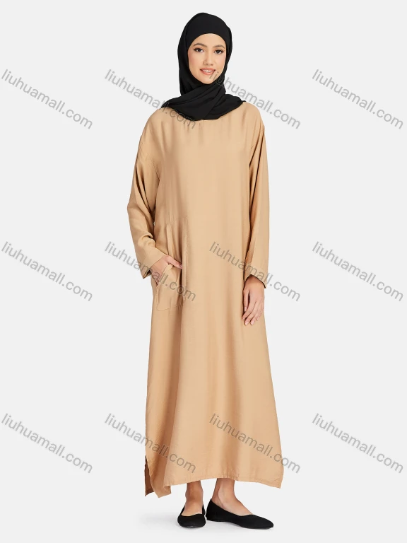 Wholesale Women's Vintage Islamic Muslim Long Sleeve Pockets Abaya Dress 1247#