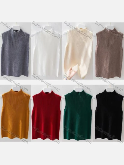 Wholesale Women's Casual Mock Neck Plain Knit Ribbed Sleeveless Sweater Vest 612#