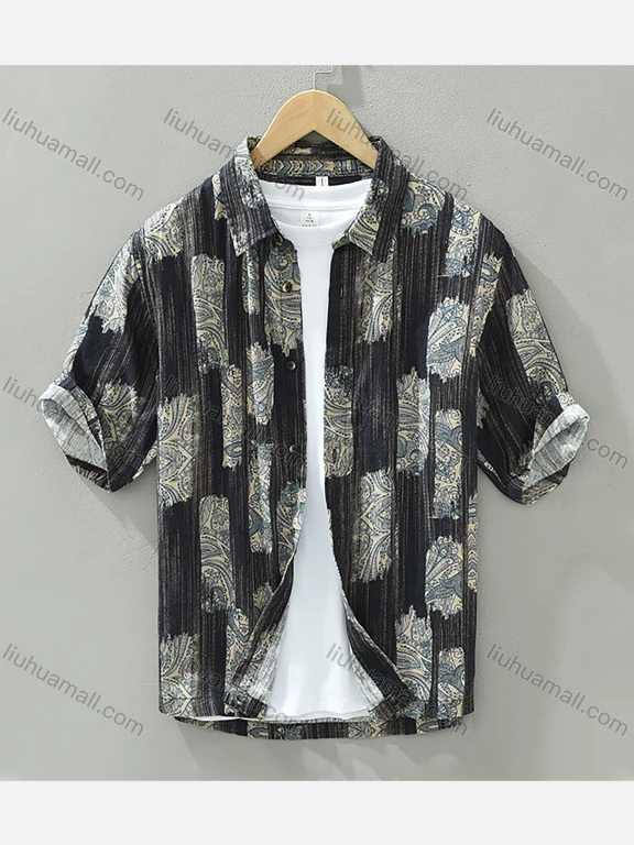 Men's Casual Shirt Collar Allover Print Button Down Shirt 2537#