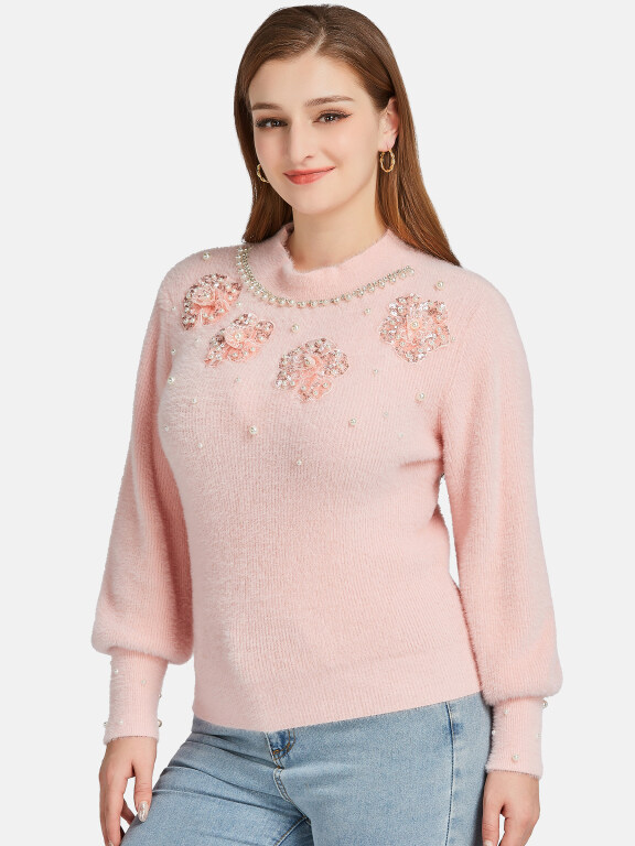 Women's Casual Crew Neck Fleece Pearl Decro Embroidered Knit Sweater, LIUHUA Clothing Online Wholesale Market, All Categories
