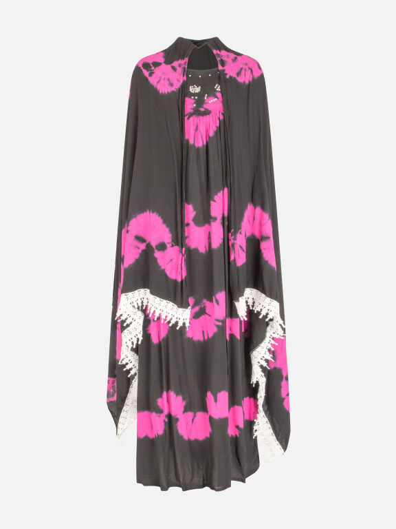 Woman's Elegant Plus Size Short Sleeve Round Neck Maxi Kaftan Dress With Guipure Lace Cloak, Clothing Wholesale Market -LIUHUA, Specialty, Women-s-Muslim-Clothing