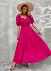 Wholesale Women's Casual Plain Square Neck Puff Sleeve High Waist Maxi Dress - Liuhuamall