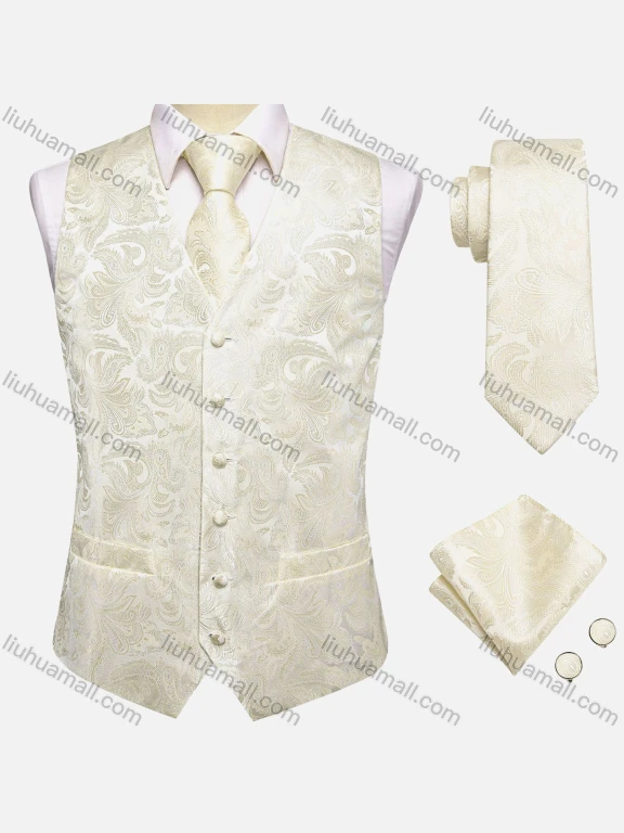 Wholesale Men's Formal Single Breasted Silky Waistcoat With Necktie & Kerchief & Cufflinks 4-piece Set