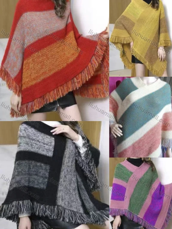 Wholesale Women's Casual Wrap V Neck Colorblock Tassel Trim Knit Cape 1831#