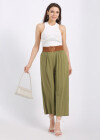 Wholesale Women's Casual Cotton Plain Loose Fit Cropped Wide Leg Pant With Belt - Liuhuamall