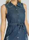 Wholesale Women's Denim Collared Distressed Button Down Ripped Raw Hem Sleeveless Dress With Belt - Liuhuamall