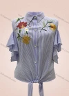 Wholesale Women's Casual Striped Floral Embroidery Ruffle Sleeve Button Down Lace Up Blouse - Liuhuamall