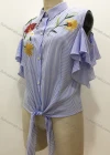 Wholesale Women's Casual Striped Floral Embroidery Ruffle Sleeve Button Down Lace Up Blouse - Liuhuamall