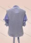 Wholesale Women's Casual Striped Floral Embroidery Ruffle Sleeve Button Down Lace Up Blouse - Liuhuamall