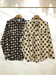 Wholesale Women's Collared Polka Dot Print Long Sleeve Button Down Blouse Fake Flap Pockets Casual Shirt 6001-13#, LIUHUA CLOTHING WHOLESALE