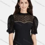 Wholesale Women's Casual Plain Mock Neck Guipure Lace Puff Sleeve Metal Chain Decor Blouse preview