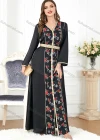 Wholesale Women's Arabic Muslim Islamic V Neck Dubai Gold Thread Embroidery Abaya Maxi Dress 3282# - Liuhuamall