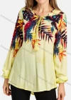 Wholesale Woman's Casual Crew Neck Tie Front Long Sleeve Leaf Print Top - Liuhuamall