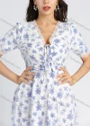 Wholesale Women's Casual Allover Floral Print V Neck Mesh Lace Short Sleeve Midi Dress With Belt - Liuhuamall