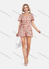 Wholesale Women's Casual Scoop Neck Floral Print High Waist Short Sleeve Romper With Belt - Liuhuamall