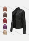 Wholesale Women's Casual Stand Collar Long Sleeve Zipper Plain Leather Jacket - Liuhuamall