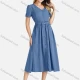 Wholesale Women's V Neck Button Front Belted Plain Midi Dress 2# Clothing Wholesale Market Liuhua