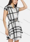 Wholesale Women's Lapel Cap Sleeve Striped Buttons Front Curved Hem Casual Short Dress With Belt - Liuhuamall