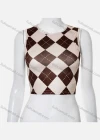 Wholesale Women's Casual Diamond Checkered Round Neck Crop Tank Top - Liuhuamall